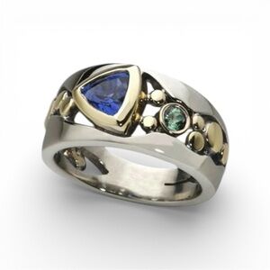 Geometric Ring with Blue and Green CZ Stones